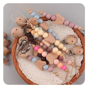 Beech wood bear pacifier clip with colorful silicone beads and metal clip for babies