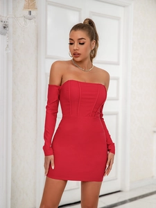 Sexy Red Off Shoulder Long Sleeve Mini Dress Polyester Spandex Bodycon Corset Boning Evening Party Cocktail For Women