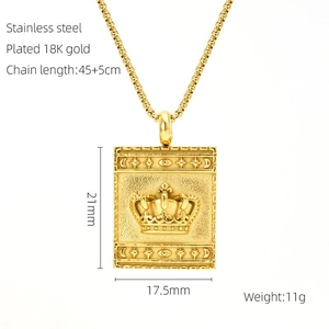 Détail du collier couronne carrée en acier inoxydable plaqué or 18 carats avec mesures
