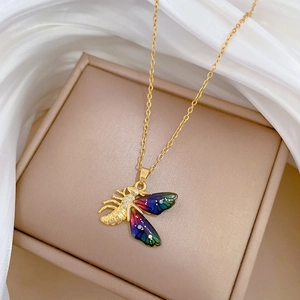 Luxurious gold-plated titanium steel bee necklace with colorful enamel wings and zircon