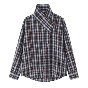 Women Plaid Shirt Blouse Polyester Long Sleeve Asymmetric High Collar Side Button Retro Elegant Chic Casual Tops