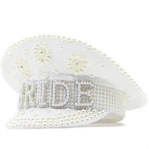 White Faux Artificial Pearl Bride Military Hat Sequin Captain Sailor Style For Bachelorette Wedding Party