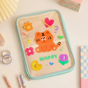 Detail of 11-inch mint green cartoon iPad sleeve with transparent PVC window and zipper