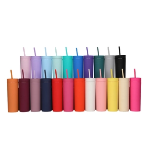 Minimalist 16oz double-layer frosted plastic tumblers with straws in 24 vibrant colors