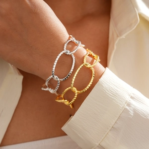 18K gold plated minimalist oval textured open bangle bracelet for women in two metallic tones