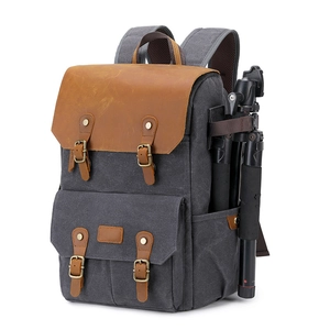 Retro Camera Backpack Waxed Canvas And Leather Waterproof Large Capacity Drone Bag With USB Port Tripod Strap