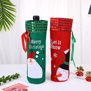 Christmas wine bottle covers featuring Santa and Snowman sequins for holiday table decor