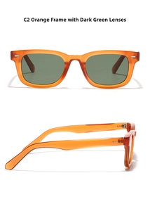 Detail view of orange square sunglasses frame with dark green lenses and retro rivets