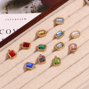 Rectangular Gemstone Pendant Stainless Steel 18K Gold Plated Emerald Cut Glass Charm For DIY Jewelry Making Accessories