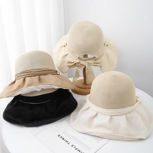 Women Straw Sun Hat Wide Brim UV Protection Bucket Hat With Bow Vinyl Lining Foldable Summer Beach Adjustable