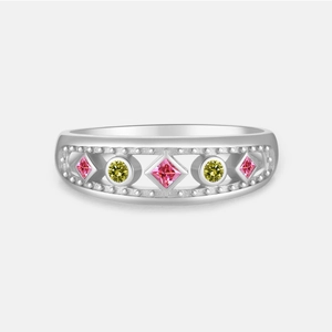 925 Sterling Silver Ring With Colorful Zircon Pink Yellow Stones Hollow Out Vintage Milgrain Jewelry For Women