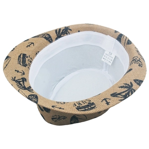 Detail view of woven straw hat featuring a surf pattern, sweatband and 100% paper material label