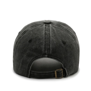 Vintage washed dark grey denim baseball cap with adjustable bronze metal buckle back view