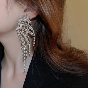 Macro shot of silver tassel earrings with sparkling rhinestones and mesh design