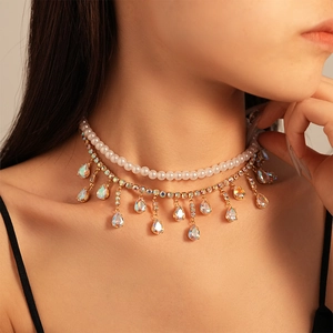 Double Layer Choker Necklace With Imitation Artificial Pearl Copper Teardrop Zircon Water Drop Rhinestone Pendants Elegant For Women