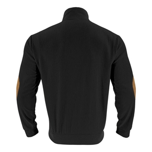 Detail of men's black knit sweatshirt showing ribbed texture and brown elbow patches