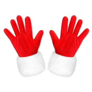 Detail of red Christmas gloves with plush white faux fur trim on a clean white background