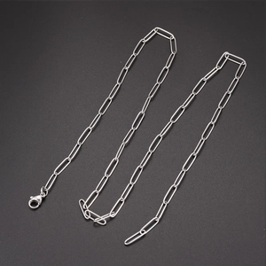 Close-up of a silver paperclip chain necklace with a lobster clasp on a dark background