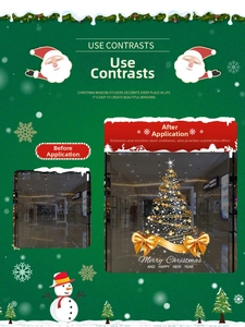 Detail view of golden Christmas tree glass sticker with bow and Merry Christmas text