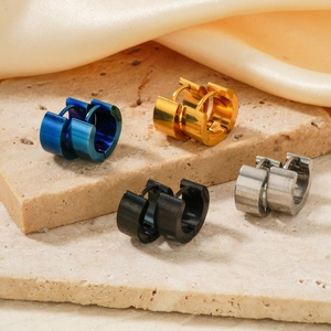Minimalist titanium steel huggie earrings in blue gold black and silver finishes