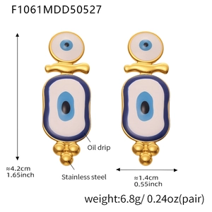 Detailed view of evil eye enamel earrings in stainless steel with size and weight metrics