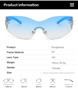 Detailed size chart and specifications for Y2K star rimless wraparound sunglasses