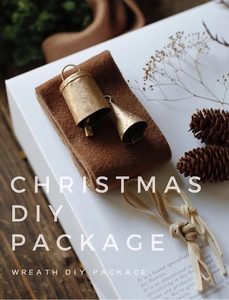 Close-up of vintage Christmas DIY kit with bronze bells and pine cones in a gift box