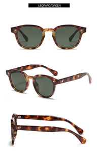 Trois vues de lunettes de soleil léopard avec verres verts et détails de charnières