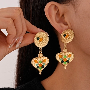 Vintage Heart Dangle Earrings With Silver Earring Post Bohemian Multi Color Resin Beads Palace Style Jewelry For Women