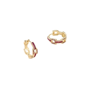 Golden chain link huggie hoop earrings with red rectangular zircon and small round crystals