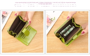 Short green leather wallet interior view showing 4 card slots and bill compartment