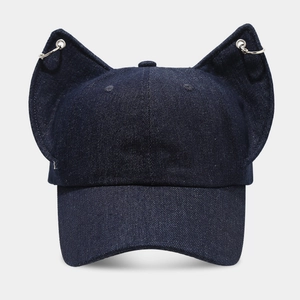Washed denim baseball cap with cat ear design and silver metal rings in dark blue finish