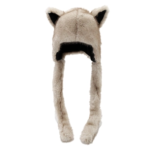 Plush beige fox ear trapper hat with black faux fur lining for winter warmth