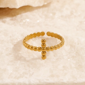 18K gold-plated stainless steel bead chain ring with cross charm on crystal stone
