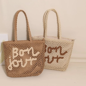 Letter embroidered woven straw beach bags in coffee and beige colors with hollow design