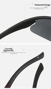 Detail of durable metal hinges and ergonomic curved temple tips on black sports sunglasses