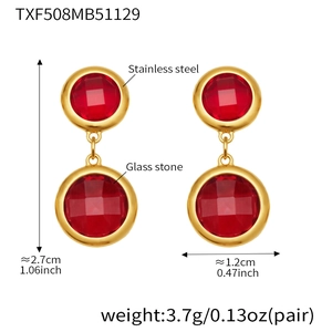 Detail showing dimensions of golden stainless steel earrings with red glass stones