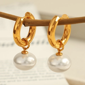 Retro Hoop Earrings With White Imitation Artificial Pearl Pendant Stainless Steel Gold Plated Fashion Jewelry For Women