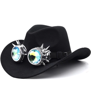 Steampunk Western Cowboy Hat Felt Fedora With Spiked Kaleidoscope Goggles Cosplay Party Headwear For Men Women Vintage