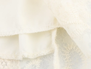 Vue macro détaillée du tissu en dentelle crème et couture fine sur la robe