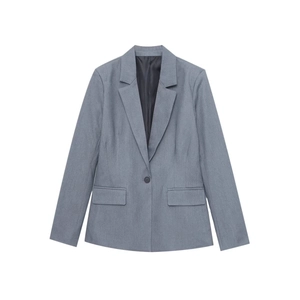 Slim fit gray long sleeve blazer featuring notched lapels and single-breasted closure