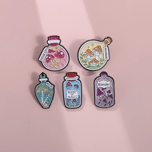 Five-piece magic potion bottle enamel pin set with mushroom designs and magic labels