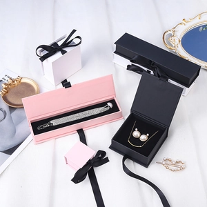 Elegant ribbon flip jewelry box set in black white and pink for rings and necklaces