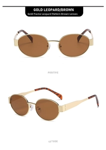 Detail view of oval gold frame sunglasses with leopard print temples and brown lenses