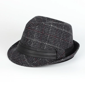 Close-up of retro grey plaid wool fedora hat with black leather trim and red stitching