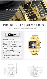 Detailed view of Oulm gold oversized square quartz watch with technical specifications
