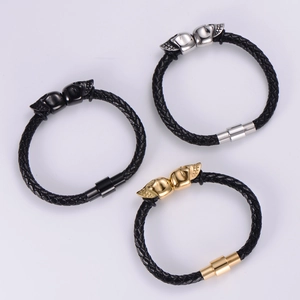 Men's punk braided leather bracelets with stainless steel skull magnetic clasps set