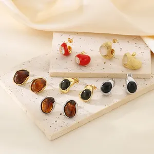 Vintage Stud Earrings Stainless Steel Cat Eye Stone Resin Enamel Geometric Fashion French Style For Women