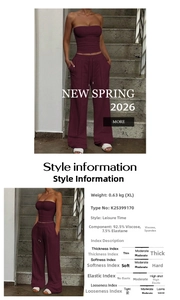 Detail of burgundy two-piece set showing strapless tube top and wide leg pants fabric composition