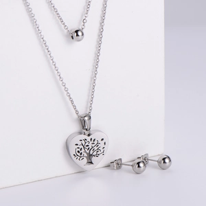 Silver stainless steel set with double-layer heart tree necklace and ball earrings
